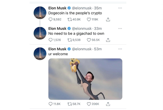 图马斯克接连发推支持狗狗币，图片截自于马斯克推特