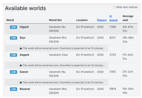 部分服务器的等待时间，图片来自Reddit