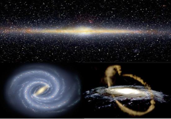 图二：银河系的侧视图与俯视图，以及穿过她的星流（图片取自网络）。