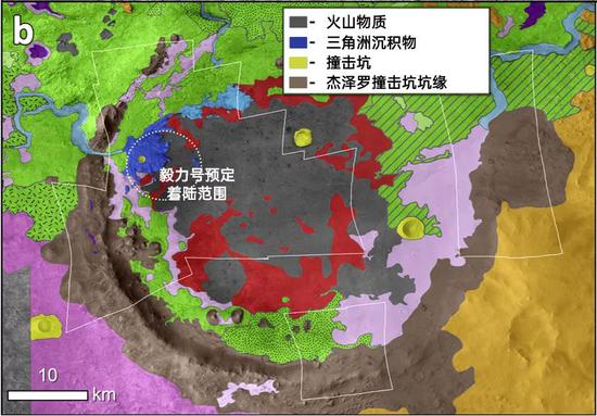 杰泽罗撞击坑一带的地质单元图，灰色区域全部都是火山物质