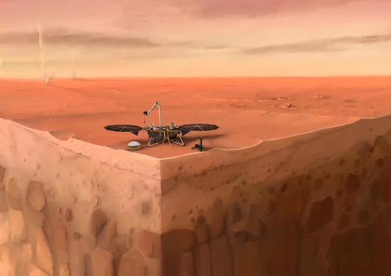 　洞察号着陆器探索火星内部结构的艺术想象 | Credits： IPGP/Nicolas Sarter