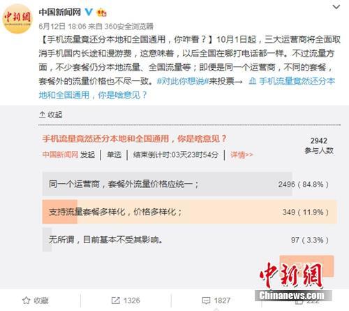 2017年6月份，中国新闻网微博发起关于“手机流量竟还分本地流量和全国通用，你咋看？”的小调查，引发网友关注。截图