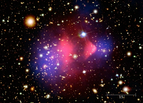 蓝色部分是由引力透镜计算得出的暗物质分布（图片来源：NASA/CXC/M。 Weiss）