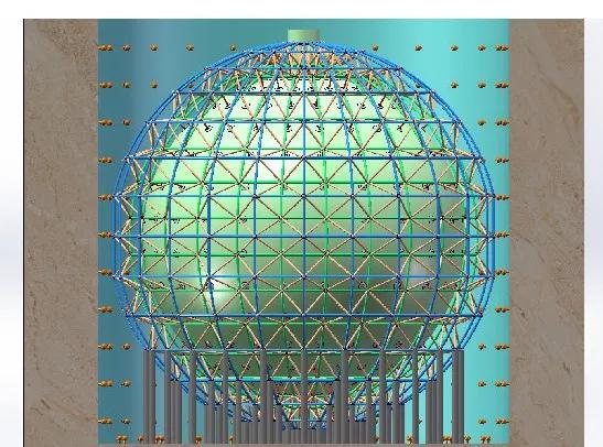中央探测器的概念图像，由亚克力球体和不锈钢桁架组成。