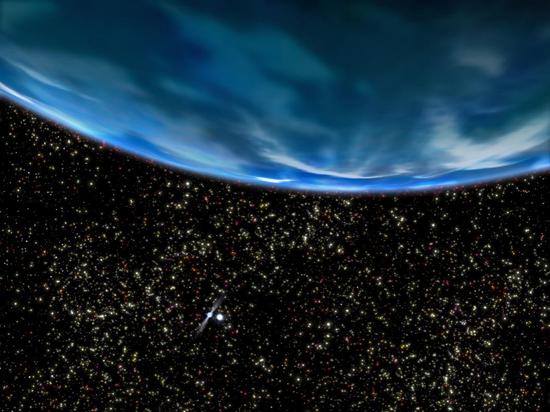 ▲从玛士撒拉的方向看它的两颗恒星（远处左侧白点为脉冲星，右为白矮星）（来源：NASA）