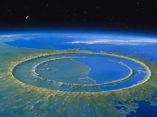尤卡坦半岛希克苏鲁伯陨石坑艺术重建图（图片来源：DETLEV VAN RAVENSWAAY/SCIENCE）