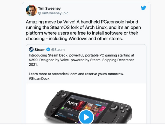 图片截自于Epic CEO&nbsp;TimSweeney推特