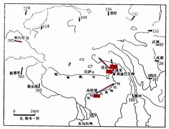 青藏高原四周向高原腹地水汽输送示意图，在雅鲁藏布江大拐弯处有向西北方向的强劲的水汽输送，但依然无法突破高原的崇山峻岭。图片来源高登义等（1985）