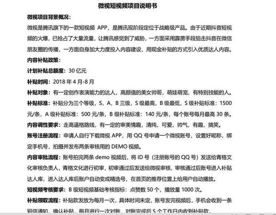 ▲微视短视频项目说明书截图