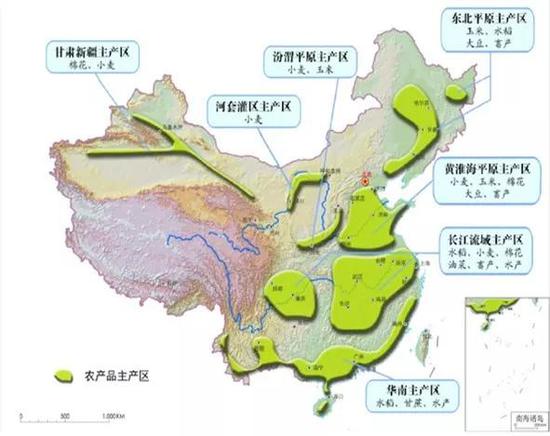 中国主要农产品生产区域分布。图片来源：中国科学院院刊， 2016