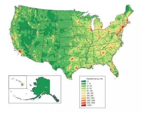 美国2000年普查人口分布密度图  图片来源Wikipedia，贡献者JimIrwin
