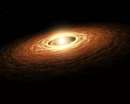 太阳系的形成想像图。年幼的太阳周围有一个原行星盘,行星形成于其中。NASA/JPL-Caltech/T。 Pyle