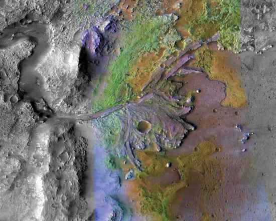 MRO CTX影像和CRISM光谱图像的叠加图，不同颜色代表不同的矿物 | NASA/JPL/JHUAPL/MSSS/Brown University