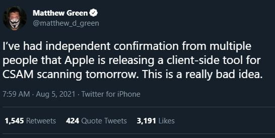端侧的意思就是扫描工作在用户设备上完成。截图来源：Matthew Green 的 Twitter 账号