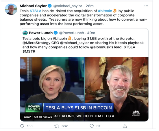 图&nbsp;Michael Saylor在周一采访中表示认为会有大量公司跟随特斯拉的步伐