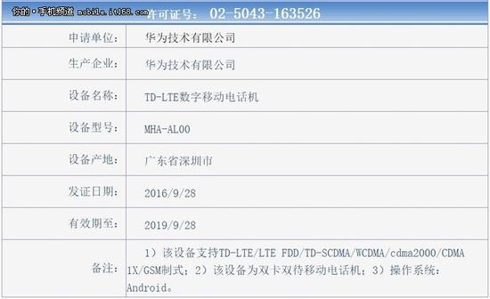 背面渲染图曝光 华为Mate 9已获入网许可