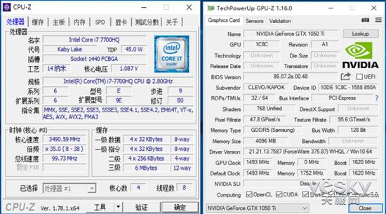 左侧为CPU-Z结果截图 右侧为GPU-Z结果截图
