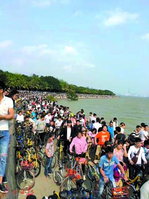 清明小长假前两日,深圳知名景点深圳湾公园的人行道和骑行道被大量涌入的共享单车“挤爆”。 图片来源:深圳交警