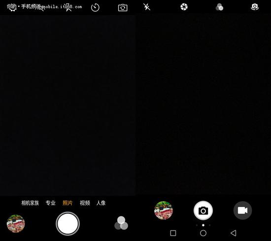 拍照界面（左：努比亚Z17mini；右：荣耀8）