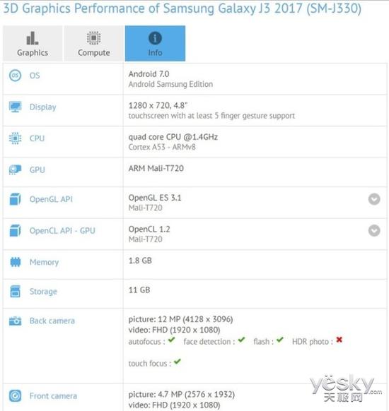 
三星J3(2017)参数曝光 载自家Exynos处理器