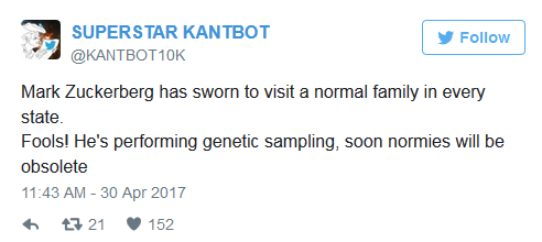 马克·扎克伯格发誓要在每个州拜访一户家庭。傻瓜!他正是在提取基因,很快普通人都将被淘汰。