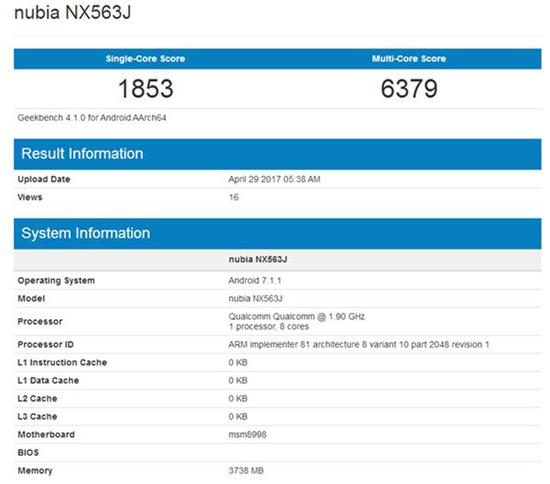 疑似努比亚Z17现身（图片引自GeekBench）