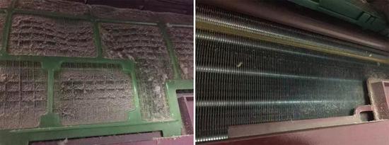 积攒大量灰尘的空调滤网和翅片