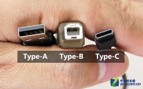 USB接口:从左到右依次为标准Type-A接口、Type-B接口及Type-C接口