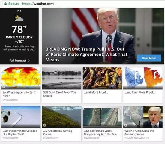美国国家天气频道（The Weather Channel）网站将主页设置成了这个样子…… 图片来源：The Weather Channel