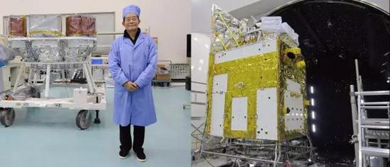 左图:HXMT望远镜交付前,项目提出人及前首席科学家李惕碚院士跟望远镜合影。右图:热真空实验前的整星照片,望远镜位于卫星的上部