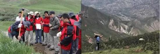 专家在野外讲解采样要点（左）祁连山上，数十斤的土样压弯了腰（右）