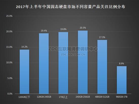 2017年上半年中國固態硬盤市場不同容量產品關注比例分布