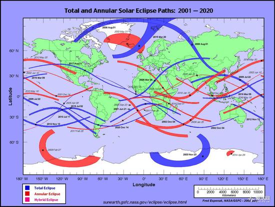 2001至2020年日食出现地区,图中蓝色标记为日全食