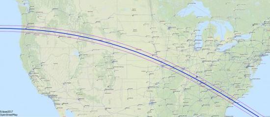 图：日食带过境美国的示意图，红线之内的区域都能一睹日全食的奇观