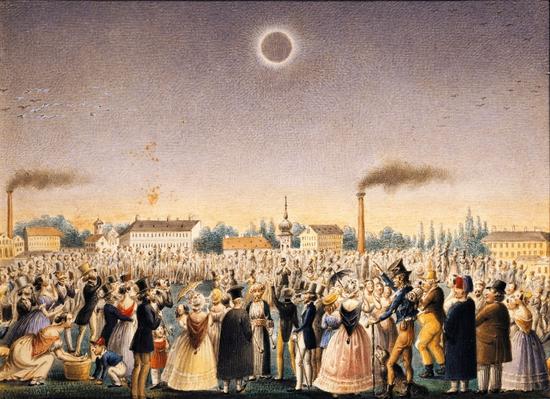 ▲ Johann Christian Schoeller 的这幅作品，题目是“日全食”，描绘了 1842 年 7 月 8 日在奥地利维也纳的一次日食。（Dea / Getty Images）