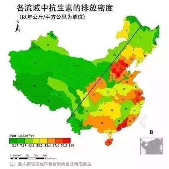河流被抗生素污染 中国在抗生素的使用上,可划分成明显的东部和西部两个部分,东部的抗生素排放量强度是西部的6倍以上。