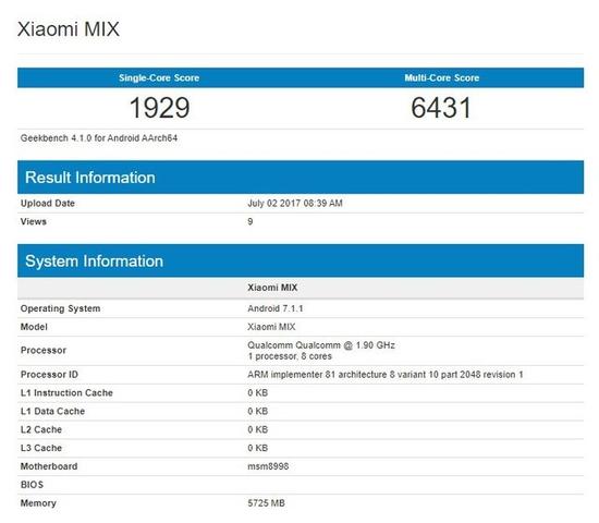 GeekBench上疑似小米MIX2的跑分图