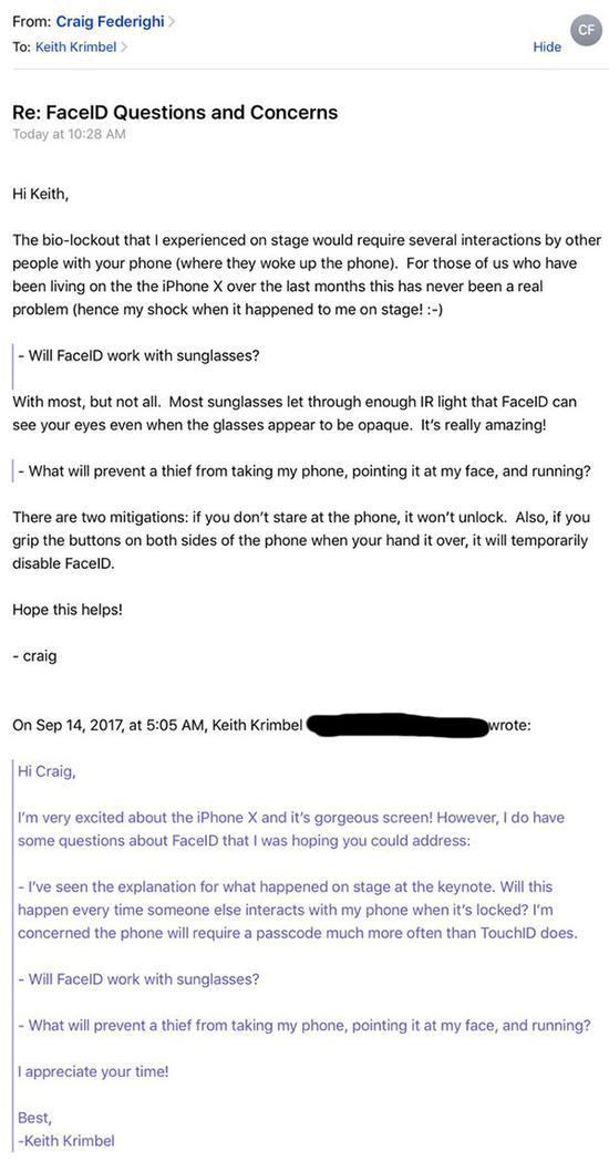 苹果公司软件工程高级副总裁克雷格·费德里吉（Craig&nbsp;Federighi）对Face&nbsp;ID质询的回复