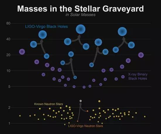 图7：目前所探测到的黑洞和中子星质量分布图，可以看到两者之间存在一个很大的空白，此次探测是第一个填进此空白区域的天体。