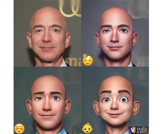 硅星人用Volia根据贝佐斯公开照片制作的气质版（右上）、正常版（左下）、宝宝版（右下）3D卡通特效