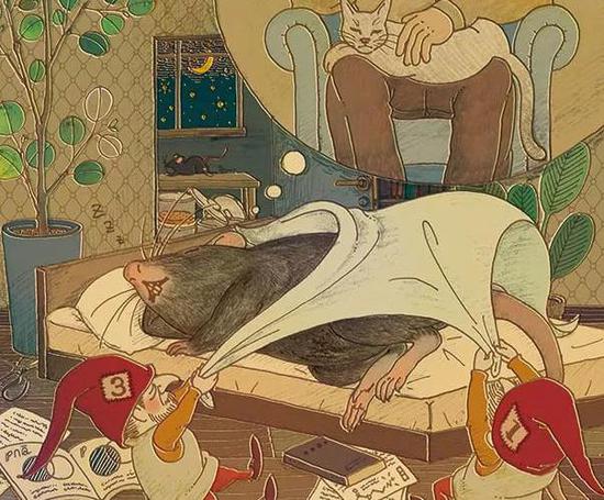 Chrm1和Chrm3 (图示为沙魔侏儒1和3 )对REM睡眠期至关重要。在这种对快速眼动睡眠的视觉描述中,两个基因负责帮助老鼠梦见一只熟睡的猫。(图片来源:Hiroko Uchida)