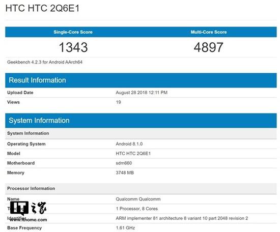 HTC新手机现身GeekBench:或为HTC U12 Life