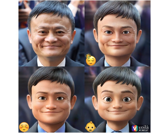 硅星人用Volia根据马云公开照片制作的气质版（右上）、正常版（左下）、宝宝版（右下）3D卡通特效