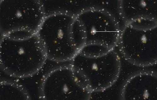宇宙结构的艺术图，灰色的球体显示了来自早期宇宙的