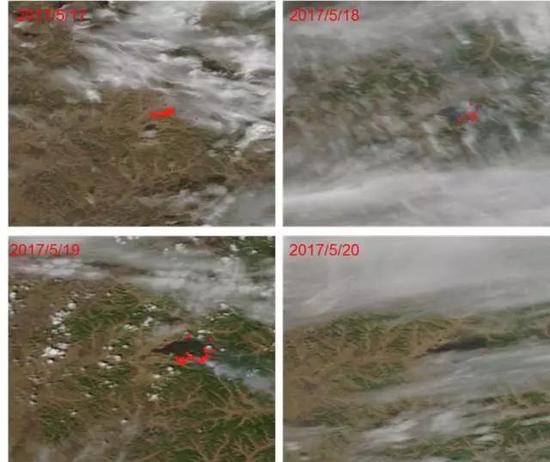 图52017年5月17日到5月20日遥感监测的大兴安岭那吉林场的火点情况
