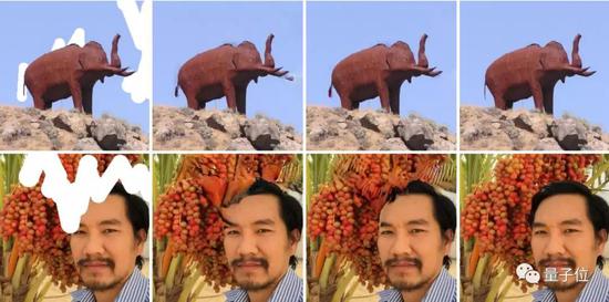 △左一为带洞的输入图像，右一为原始图像。