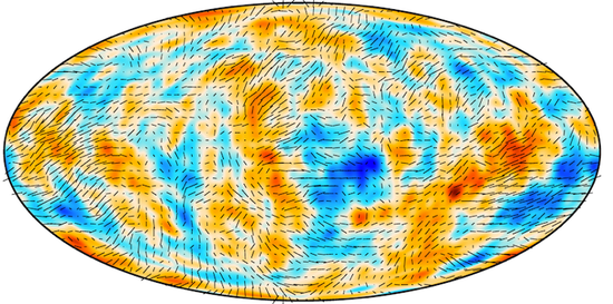 2018年由普朗克卫星所拍摄的宇宙微波背景辐射偏振分布情况，黑色短线方向代表偏振方向，长度代表偏振幅度，背景颜色代表温度分布丨图源：ESA