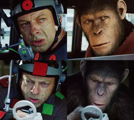 《猩球崛起》中，安迪·瑟金斯戴上专用头盔，记录面部表情