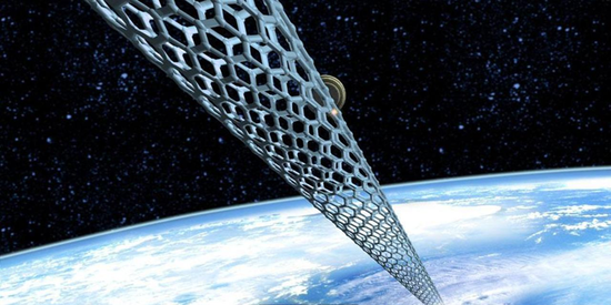 ▲碳纳米管结构的太空电梯（来源：BBC）