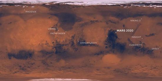 美国有史以来所有登陆火星探测器的总览图。